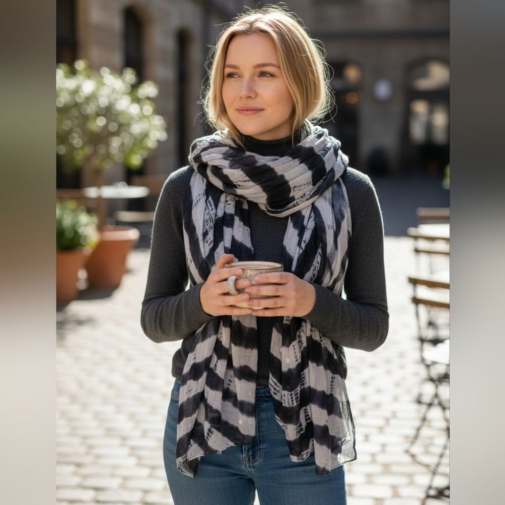 Tie Dye Chiffon Black and White Patterned Scarf